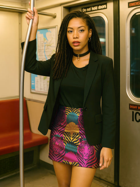 High-waisted mini skirt with bold psychedelic tiger print in hot pink, teal, yellow, and black. Features a form-fitting pencil silhouette with an elastic waistband. Available in eco-poly performance or glitter finish. Unique maximalist style for festivals, summer parties, or rave fashion. Sizes S–XL.