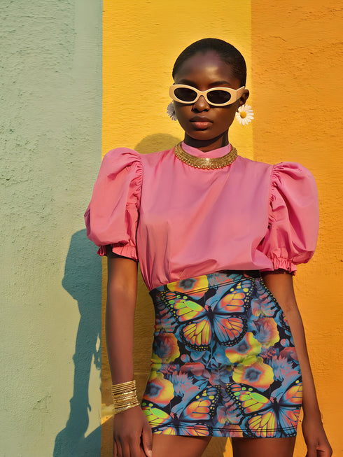 High-waisted bodycon mini skirt with an allover print of rainbow monarch butterflies and colorful tropical flowers on a dark background. Soft, stretchy poly-spandex fabric hugs the body for a flattering fit. Styled for rave, Y2K, and festival outfits. Sizes XS to XL.