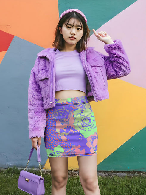 High-waisted bodycon mini skirt with a bold floral collage print in green, purple, and pink. Features comic-style roses and dot patterns on stretchy polyester-spandex fabric. Styled for festivals and summer parties. Available in sizes XS to XL.