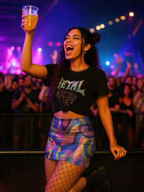 Psychedelic high waisted mini skirt for women featuring a trippy swirl print in yellow, pink, purple, and blue. Fitted bodycon silhouette with 1.5” elastic waistband, made from eco-friendly polyester and spandex blend. Available in sizes S to XL with built-in UPF 50 sun protection and odor-resistant, quick-dry performance fabric. Festival-ready, rave-approved, and styled for bold streetwear and summer outfits.