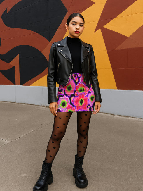 A high-waisted, bodycon mini skirt with a vibrant psychedelic floral pattern. The curve-hugging skirt features a mid-thigh length and black stitching at the waistband and hem. The all-over print consists of abstract, fuzzy-edged floral bursts in electric colors, including hot pink, magenta, neon green, and electric purple, set against a black background. The skirt is shown in two finishes: a smooth, matte signature knit and a metallic glitter knit with a reflective silver foil.