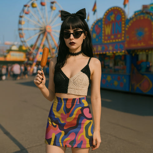 Psychedelic high waisted mini skirt for women featuring a trippy swirl print in yellow, pink, purple, and blue. Fitted bodycon silhouette with 1.5” elastic waistband, made from eco-friendly polyester and spandex blend. Available in sizes S to XL with built-in UPF 50 sun protection and odor-resistant, quick-dry performance fabric. Festival-ready, rave-approved, and styled for bold streetwear and summer outfits.