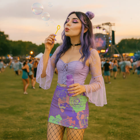 High-waisted bodycon mini skirt with a bold floral collage print in green, purple, and pink. Features comic-style roses and dot patterns on stretchy polyester-spandex fabric. Styled for festivals and summer parties. Available in sizes XS to XL.