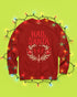A unisex crewneck sweatshirt shown in red, green, and blue color options. The graphic features "HAIL SANTA" in a red, jagged, heavy metal-style font. The text is framed by a cream-colored wreath made of thorny branches. Inside the wreath are two red lightning bolts and two red bells with cream-colored pentagrams. An inverted candy cane cross sits at the bottom. This alternative holiday sweater has fleece texture, ribbed cuffs, and a classic fit, designed for goth, punk, and metalhead aesthetics.