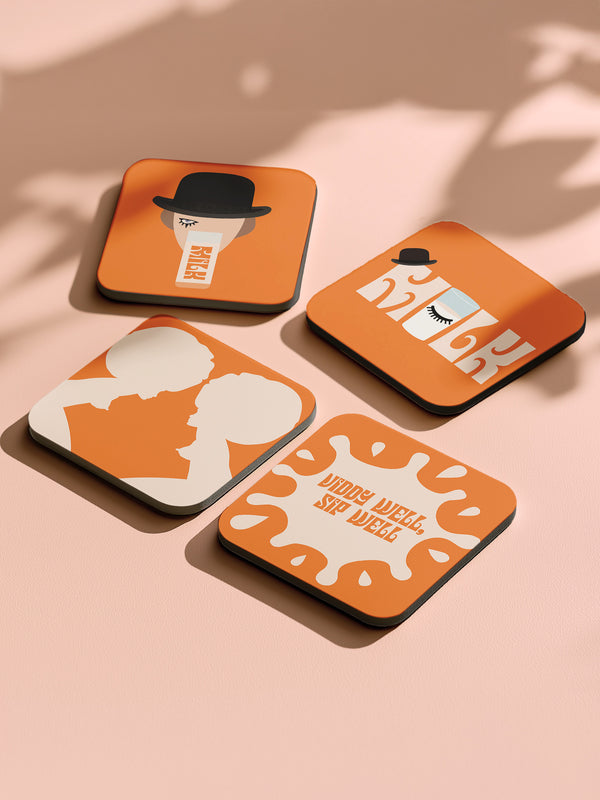 Set of four square coasters featuring iconic imagery from "A Clockwork Orange" in orange and white designs on a pink background.