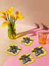 Square coasters featuring psychedelic multicolored possums wearing star-studded cowboy hats against bright neon yellow backgrounds with colorful stars. Weird trash panda drink coasters, funky possum barware, eclectic table decor, maximalist animal accessories.