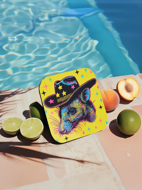 Square coasters featuring psychedelic multicolored possums wearing star-studded cowboy hats against bright neon yellow backgrounds with colorful stars. Weird trash panda drink coasters, funky possum barware, eclectic table decor, maximalist animal accessories.