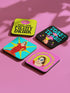 Four-piece coaster set featuring Divine/Pink Flamingos artwork with bold typography in pink, turquoise, and green. Includes "Toast to Trash," "Keeping Drinks Trashy," "Enjoy Your Filthy Drink," and Divine portrait designs.