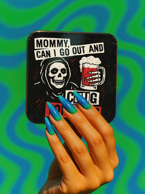 A 4-piece square coaster set featuring punk rock-inspired designs in a bold, vintage art style. Includes slogans like “Sheena Is A Rum Rocker,” “God Save the Beer,” and “Anarchy in the IPA.” Made of Masonite with cork backing, these 3.75 x 3.75-inch coasters are perfect for music lovers, goth homes, and alternative wedding or housewarming gifts.