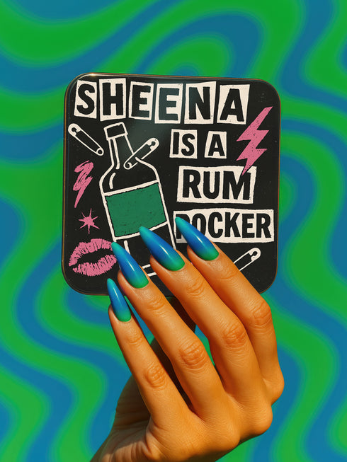 A 4-piece square coaster set featuring punk rock-inspired designs in a bold, vintage art style. Includes slogans like “Sheena Is A Rum Rocker,” “God Save the Beer,” and “Anarchy in the IPA.” Made of Masonite with cork backing, these 3.75 x 3.75-inch coasters are perfect for music lovers, goth homes, and alternative wedding or housewarming gifts.
