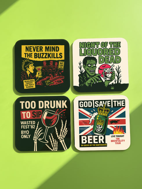A set of four glossy square coasters on a vibrant green surface, each featuring a unique punk rock parody design. Top left: "Never Mind the Buzzkills" in yellow and pink ransom-note typography. Top right: "Night of the Liquored Dead" featuring a green zombie holding a drink in a horror comic style. Bottom left: "Too Drunk To Sip" with skeleton hands holding a wine glass on a black background. Bottom right: "God Save The Beer" featuring a green beer can on a Union Jack flag background.