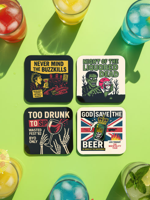 A set of four glossy square coasters on a vibrant green surface, each featuring a unique punk rock parody design. Top left: "Never Mind the Buzzkills" in yellow and pink ransom-note typography. Top right: "Night of the Liquored Dead" featuring a green zombie holding a drink in a horror comic style. Bottom left: "Too Drunk To Sip" with skeleton hands holding a wine glass on a black background. Bottom right: "God Save The Beer" featuring a green beer can on a Union Jack flag background.