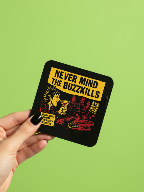 A set of four glossy square coasters on a vibrant green surface, each featuring a unique punk rock parody design. Top left: "Never Mind the Buzzkills" in yellow and pink ransom-note typography. Top right: "Night of the Liquored Dead" featuring a green zombie holding a drink in a horror comic style. Bottom left: "Too Drunk To Sip" with skeleton hands holding a wine glass on a black background. Bottom right: "God Save The Beer" featuring a green beer can on a Union Jack flag background.