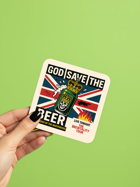 A set of four glossy square coasters on a vibrant green surface, each featuring a unique punk rock parody design. Top left: "Never Mind the Buzzkills" in yellow and pink ransom-note typography. Top right: "Night of the Liquored Dead" featuring a green zombie holding a drink in a horror comic style. Bottom left: "Too Drunk To Sip" with skeleton hands holding a wine glass on a black background. Bottom right: "God Save The Beer" featuring a green beer can on a Union Jack flag background.