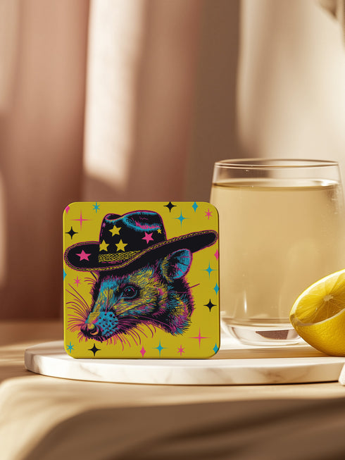 Square coasters featuring psychedelic multicolored possums wearing star-studded cowboy hats against bright neon yellow backgrounds with colorful stars. Weird trash panda drink coasters, funky possum barware, eclectic table decor, maximalist animal accessories.