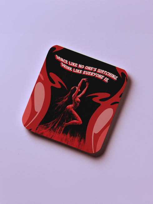 Four-piece horror movie coaster set featuring The Shining and Carrie designs in black, red, and orange with iconic quotes and imagery from the films. Cork-backed hardboard construction.