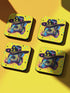 Square coasters featuring psychedelic multicolored possums wearing star-studded cowboy hats against bright neon yellow backgrounds with colorful stars. Weird trash panda drink coasters, funky possum barware, eclectic table decor, maximalist animal accessories.