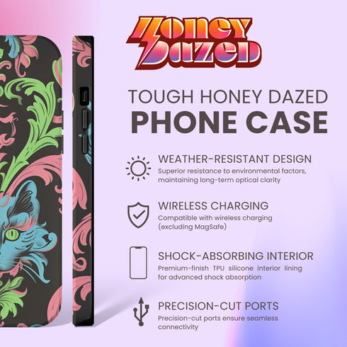 Phone case featuring baroque-style blue cat with green eyes surrounded by mint green foliage and pink flourishes on black background, Victorian-inspired desig