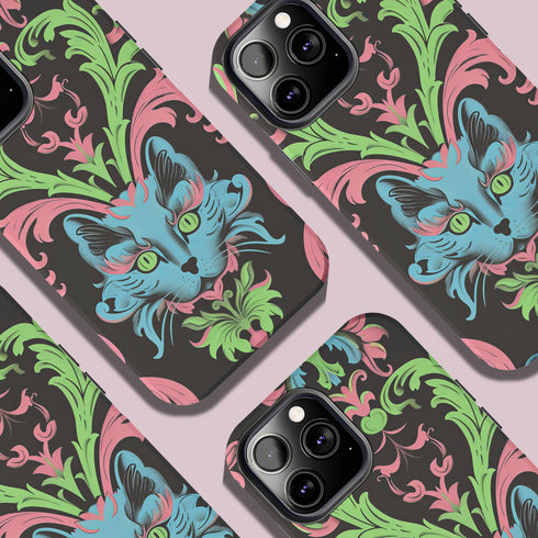 Phone case featuring baroque-style blue cat with green eyes surrounded by mint green foliage and pink flourishes on black background, Victorian-inspired desig
