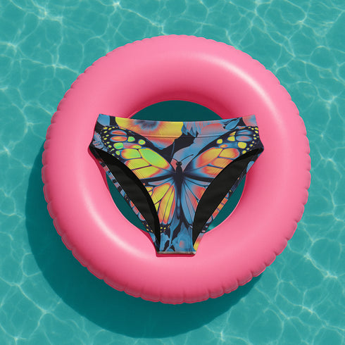 High-waisted bikini bottom with a bold psychedelic butterfly design in neon shades of orange, yellow, blue, and pink on a black background. Features cheeky fit and double-layered fabric, lying flat against a turquoise swimming pool backdrop. Perfect for rave swimwear, Y2K beach looks, and festival-ready poolside outfits. Vibrant and colorful statement swimwear for bold summer style.