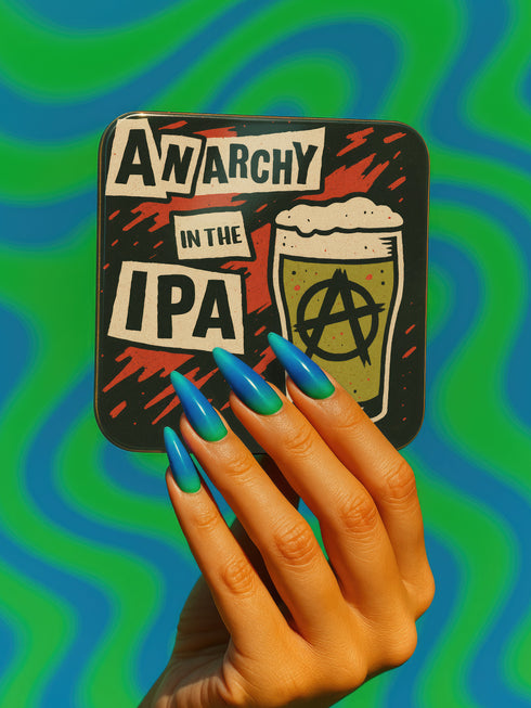 A 4-piece square coaster set featuring punk rock-inspired designs in a bold, vintage art style. Includes slogans like “Sheena Is A Rum Rocker,” “God Save the Beer,” and “Anarchy in the IPA.” Made of Masonite with cork backing, these 3.75 x 3.75-inch coasters are perfect for music lovers, goth homes, and alternative wedding or housewarming gifts.