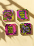 A four-piece punk rock-inspired coaster set featuring neon pink, yellow, and black designs with bold typography and chaotic patterns.