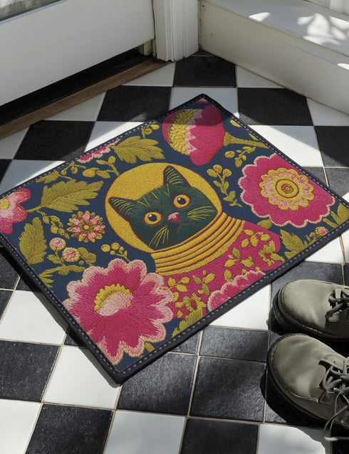 High-fidelity printed doormat featuring a "Space Kitty" design in a tapestry-style faux-texture. A black cat with large yellow eyes wears a golden ribbed space helmet, centered on a deep navy background. The cat is surrounded by oversized, vibrant magenta and pink folk-art flowers with chartreuse and olive green leaves. The design uses a printed illusion to mimic 3D embroidery stitching. The mat is rectangular with a sleek black border and a non-slip backing.