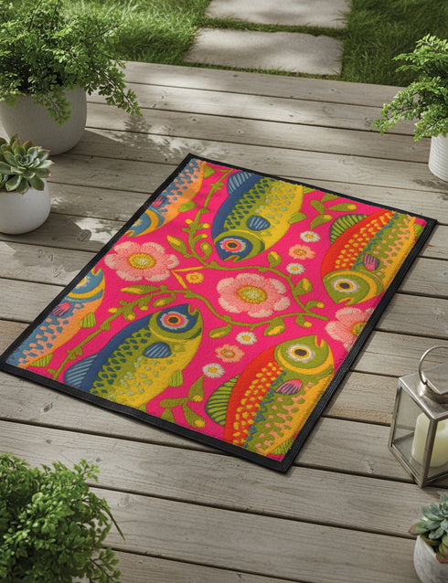 Rectangular indoor outdoor doormat featuring a vibrant hot pink background with a symmetrical maximalist pattern. The design showcases stylized sardines in yellow, lime green, and cobalt blue swimming horizontally towards a central vertical axis of blooming pale pink flowers and green vines. The imagery mimics the texture of vintage needlepoint embroidery but is a flat print on polyester. The mat is framed by a sleek black trim and features a non-slip rubber backing for safety.