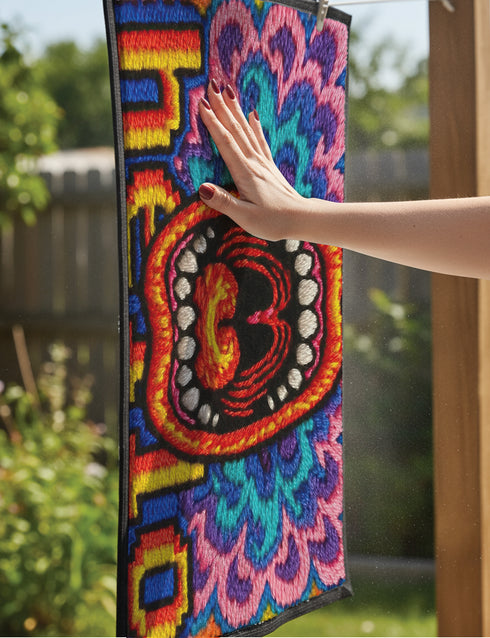 A rectangular indoor and outdoor doormat featuring a vibrant, psychedelic design. The central graphic is a large, open screaming red and orange mouth with white teeth, surrounded by highly saturated wavy, trippy patterns in blue, purple, magenta, and teal. Yellow stylized text reading HELLO is integrated into the pattern. The mat has a smooth 2D flat print surface that mimics the look of textured chainstitch embroidery, finished with a solid black fabric trim around all four outer edges.