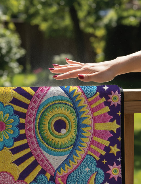 Rectangular entryway doormat with a deep purple background printed in a 2D faux embroidery illusion. The symmetrical mandala centers on a large green, pink, and white evil eye with golden yellow sunburst lines radiating outward. The corners hold textured cyan clouds, yellow crescent moons, and stars, with a scalloped floral motif along the lower edge. Finished with black trim and a non-slip rubber backing. Psychedelic celestial maximalist home decor and protective evil eye welcome mat for bold, eclectic ent