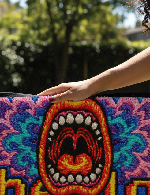 A rectangular indoor and outdoor doormat featuring a vibrant, psychedelic design. The central graphic is a large, open screaming red and orange mouth with white teeth, surrounded by highly saturated wavy, trippy patterns in blue, purple, magenta, and teal. Yellow stylized text reading HELLO is integrated into the pattern. The mat has a smooth 2D flat print surface that mimics the look of textured chainstitch embroidery, finished with a solid black fabric trim around all four outer edges.