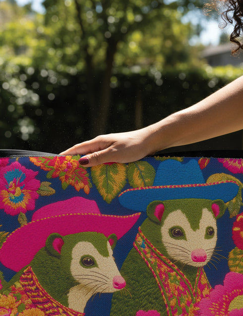 A rectangular non-slip doormat with a black trimmed edge. The mat features a vibrant, colorful folk art illustration on a dark navy blue background with a faux embroidered texture. The design depicts two friendly opossums, rendered in an olive green color with white faces and pink noses. They are surrounded by large, stylized flowers and leaves in shades of hot pink, red, turquoise, and yellow, creating a busy, maximalist pattern. The overall aesthetic is eclectic, whimsical, & highly detailed.