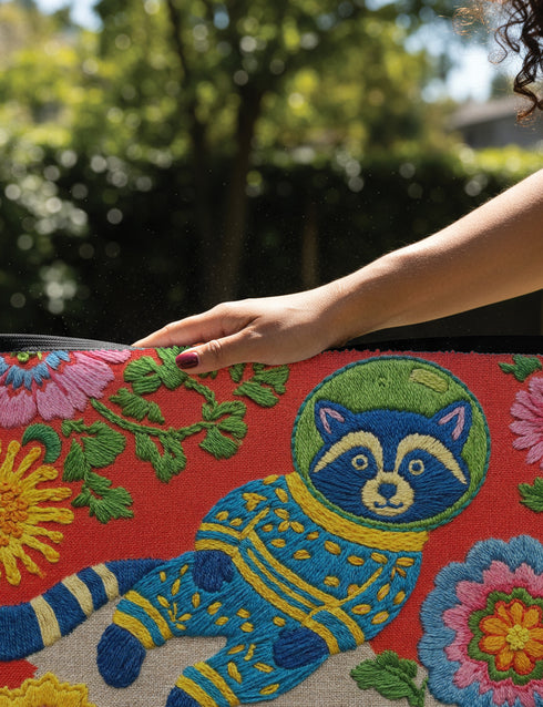 A rectangular outdoor doormat featuring a maximalist 2D print with a Trompe-l'œil embroidery effect. The central design depicts a blue and gold patterned raccoon wearing a green astronaut space helmet. The background is a vibrant red, filled with large, multi-colored folk art flowers in shades of pink, magenta, and gold with green leaves. The mat is finished with a sleek black border and has a textured surface mimicking high-fidelity raised needlepoint stitching.