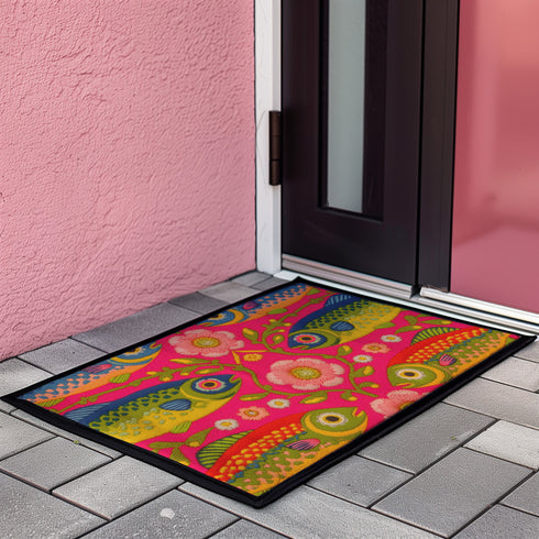Rectangular indoor outdoor doormat featuring a vibrant hot pink background with a symmetrical maximalist pattern. The design showcases stylized sardines in yellow, lime green, and cobalt blue swimming horizontally towards a central vertical axis of blooming pale pink flowers and green vines. The imagery mimics the texture of vintage needlepoint embroidery but is a flat print on polyester. The mat is framed by a sleek black trim and features a non-slip rubber backing for safety.