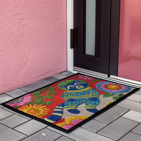 A rectangular outdoor doormat featuring a maximalist 2D print with a Trompe-l'œil embroidery effect. The central design depicts a blue and gold patterned raccoon wearing a green astronaut space helmet. The background is a vibrant red, filled with large, multi-colored folk art flowers in shades of pink, magenta, and gold with green leaves. The mat is finished with a sleek black border and has a textured surface mimicking high-fidelity raised needlepoint stitching.