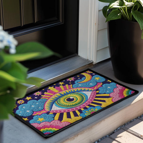 Rectangular entryway doormat with a deep purple background printed in a 2D faux embroidery illusion. The symmetrical mandala centers on a large green, pink, and white evil eye with golden yellow sunburst lines radiating outward. The corners hold textured cyan clouds, yellow crescent moons, and stars, with a scalloped floral motif along the lower edge. Finished with black trim and a non-slip rubber backing. Psychedelic celestial maximalist home decor and protective evil eye welcome mat for bold, eclectic ent