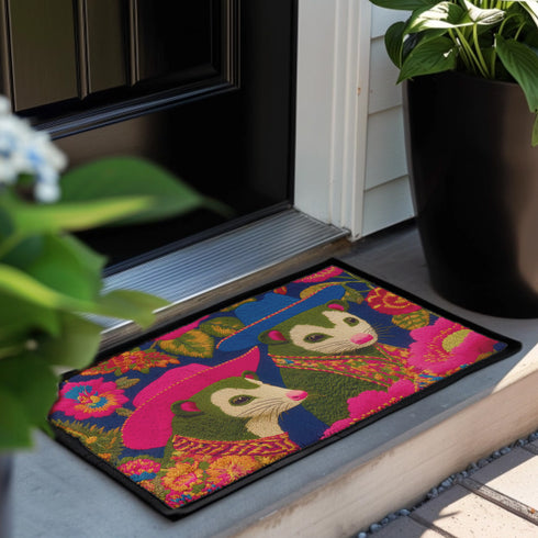 A rectangular non-slip doormat with a black trimmed edge. The mat features a vibrant, colorful folk art illustration on a dark navy blue background with a faux embroidered texture. The design depicts two friendly opossums, rendered in an olive green color with white faces and pink noses. They are surrounded by large, stylized flowers and leaves in shades of hot pink, red, turquoise, and yellow, creating a busy, maximalist pattern. The overall aesthetic is eclectic, whimsical, & highly detailed.