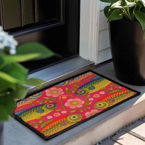 A rectangular doormat featuring a large hot pink smiley face on a deep teal background. The smiley face has green cannabis leaves for eyes and a yellow stitched-style smile. The central face is surrounded by stylized green foliage arches and concentric circles in pink, yellow, and white, resembling abstract flowers. The design mimics a vintage needlepoint or tapestry texture but is a flat print. The mat has a solid black trim border.