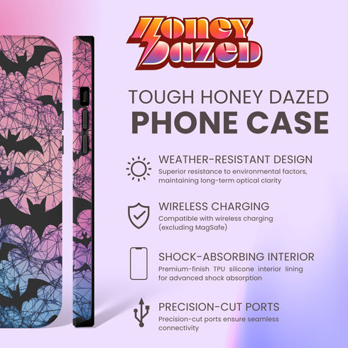 A pastel gothic phone case featuring black bat silhouettes over a gradient pink-to-blue ombré background with web-like detailing. Available for iPhone, Samsung, and Google Pixel models in matte or glossy finishes with dual-layer protection.