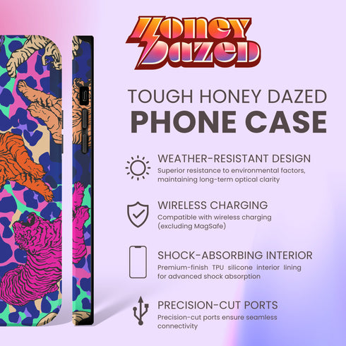 Vibrant phone case with orange tigers on colorful abstract background. Maximalist design featuring multiple tigers and bold purple, pink, and blue patterns.