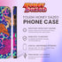 Vibrant phone case with orange tigers on colorful abstract background. Maximalist design featuring multiple tigers and bold purple, pink, and blue patterns.