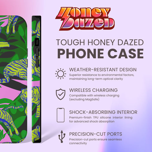 Colorful maximalist phone case with electric yellow tigers prowling through lush green tropical foliage. Psychedelic jungle theme on a purple backdrop. Bold summer design.