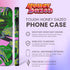 Colorful maximalist phone case with electric yellow tigers prowling through lush green tropical foliage. Psychedelic jungle theme on a purple backdrop. Bold summer design.