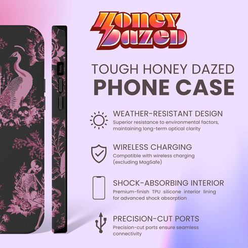 Gothic phone case featuring Victorian toile pattern in dusty rose pink on charcoal background, with skeleton unicorns, peacocks, roses, and botanical elements.