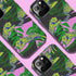 Colorful maximalist phone case with electric yellow tigers prowling through lush green tropical foliage. Psychedelic jungle theme on a purple backdrop. Bold summer design.