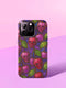A protective phone case with a gothic cherry skull design featuring red and pink skulls blended with purple cherries and vibrant green leaves. The pattern is outlined in gold and set against a deep blue-purple stained glass background. The case has a smooth matte finish and fits various phone models with precision-cut camera openings.