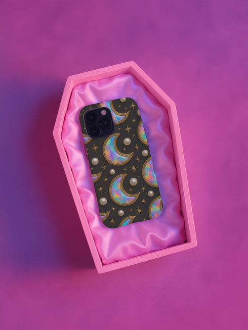 Matte or glossy phone case featuring holographic crescent moons, gold stars, and pearl accents on a black background; available for iPhone, Samsung, and Pixel models