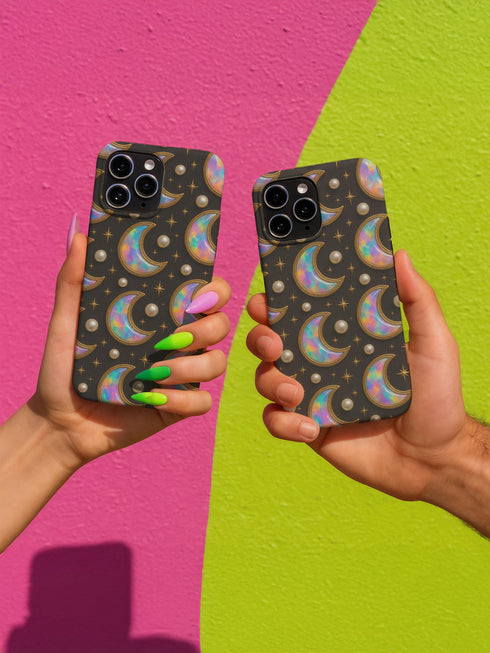 Matte or glossy phone case featuring holographic crescent moons, gold stars, and pearl accents on a black background; available for iPhone, Samsung, and Pixel models