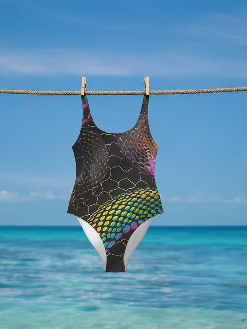 Holographic snake scale one-piece swimsuit featuring hexagon pattern with electric green, purple and blue scales on black background. Cheeky cut with scoop neck and low back design. Alternative gothic swimwear perfect for festivals, raves, beach parties. Available XS-3X, UPF 50+ protection with moisture-wicking fabric.