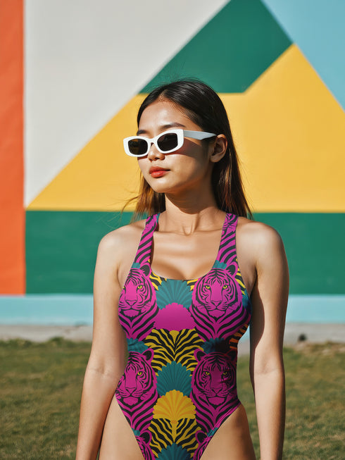 High-cut one-piece swimsuit with a bold psychedelic tiger print in hot pink, yellow, green, teal, and black. Features tiger faces, zebra stripes, and fan-shaped motifs in a maximalist retro style. Made from 81% recycled polyester and 19% LYCRA XTRALIFE. Includes cheeky fit and UPF50+ sun protection. Double layered and non-reversible. Available in sizes XS to 3XL.
